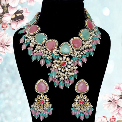 Daniela Floral Necklace Set With Stone Hangings And Dori