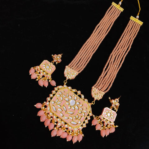 Imeora Designer Peach Multiline Necklace Set With Stone Hangings And Handmade Dori