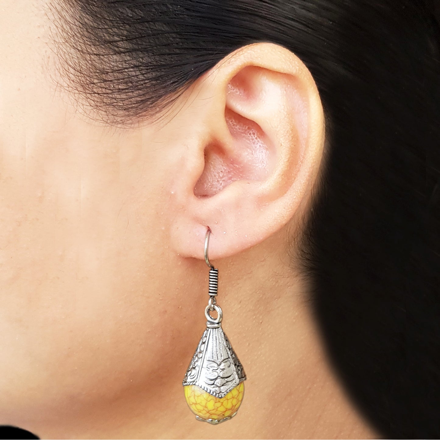 Imeora Oxidised Silver Yellow Cone Shape Earrings