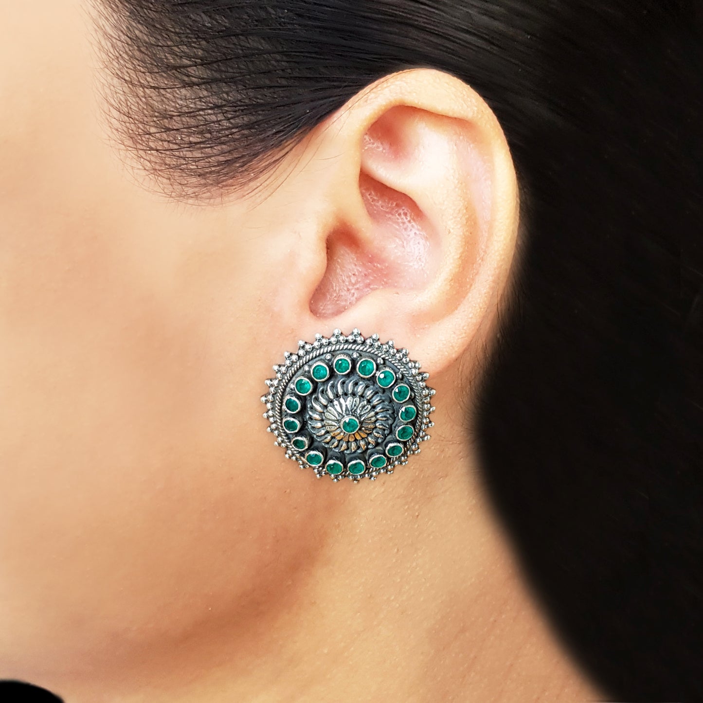 925 Oxidised Silver With Green Stone Studs