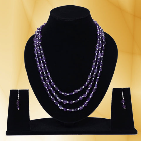Imeora Tripple Line Dark Amethyst Necklace Set With 4mm Beads And Earrings