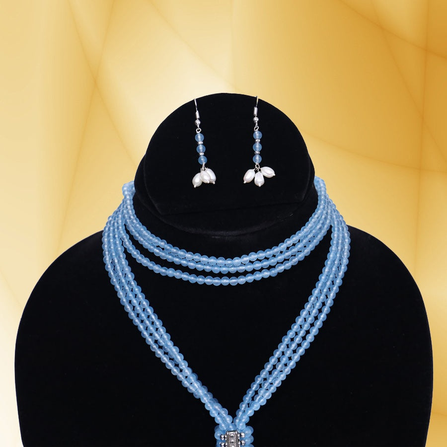 Imeora Light Blue 4mm Beads Long Necklace Set With Adjustable Fancy Lock And Fresh Water Pearls