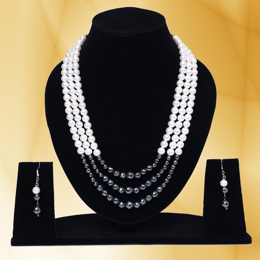 Imeora Tripple Line White 8mm Shell Necklace Set With Black Hematite