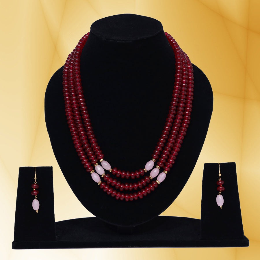 Imeora Tripple Line Maroon Quartz Necklace Set