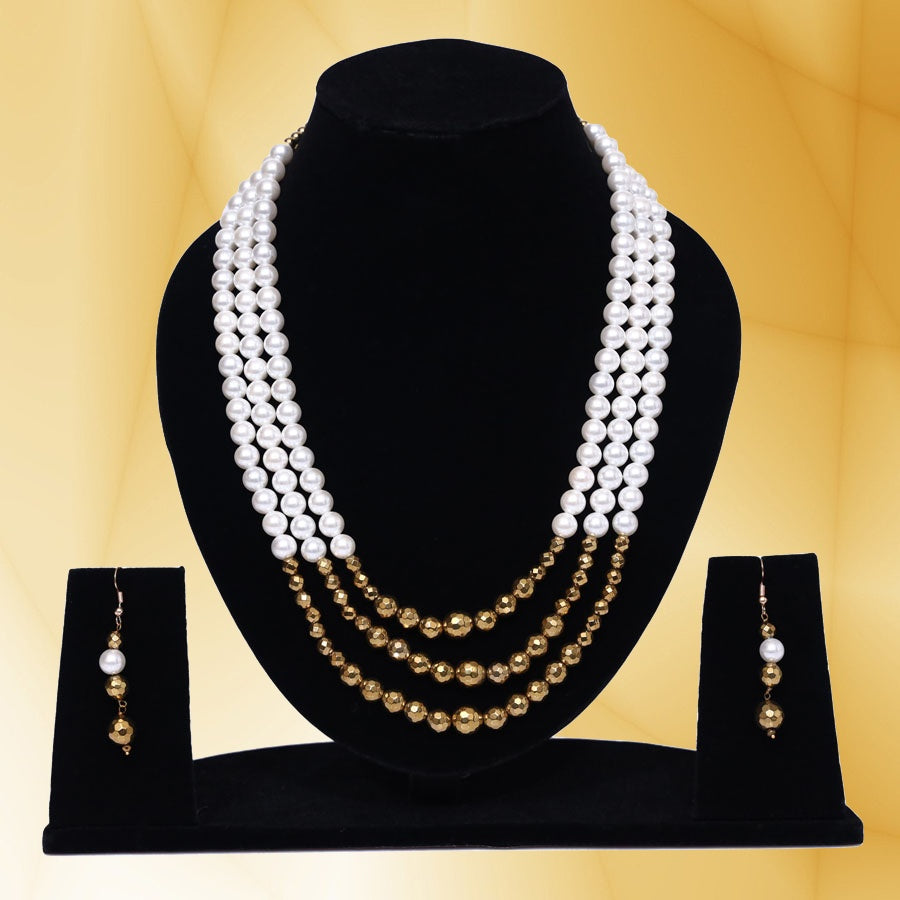 Imeora Tripple Line White 8mm Shell Necklace Set With Golden Hematite