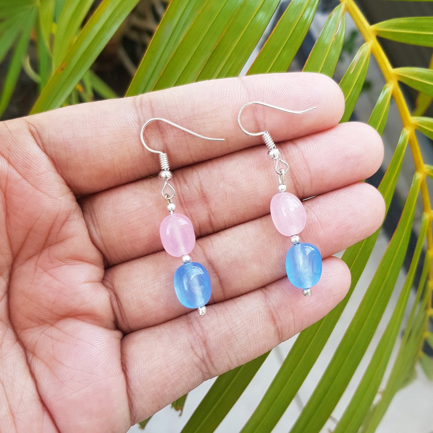 Imeora Pink Blue Quartz Double Line Necklace With Earrings