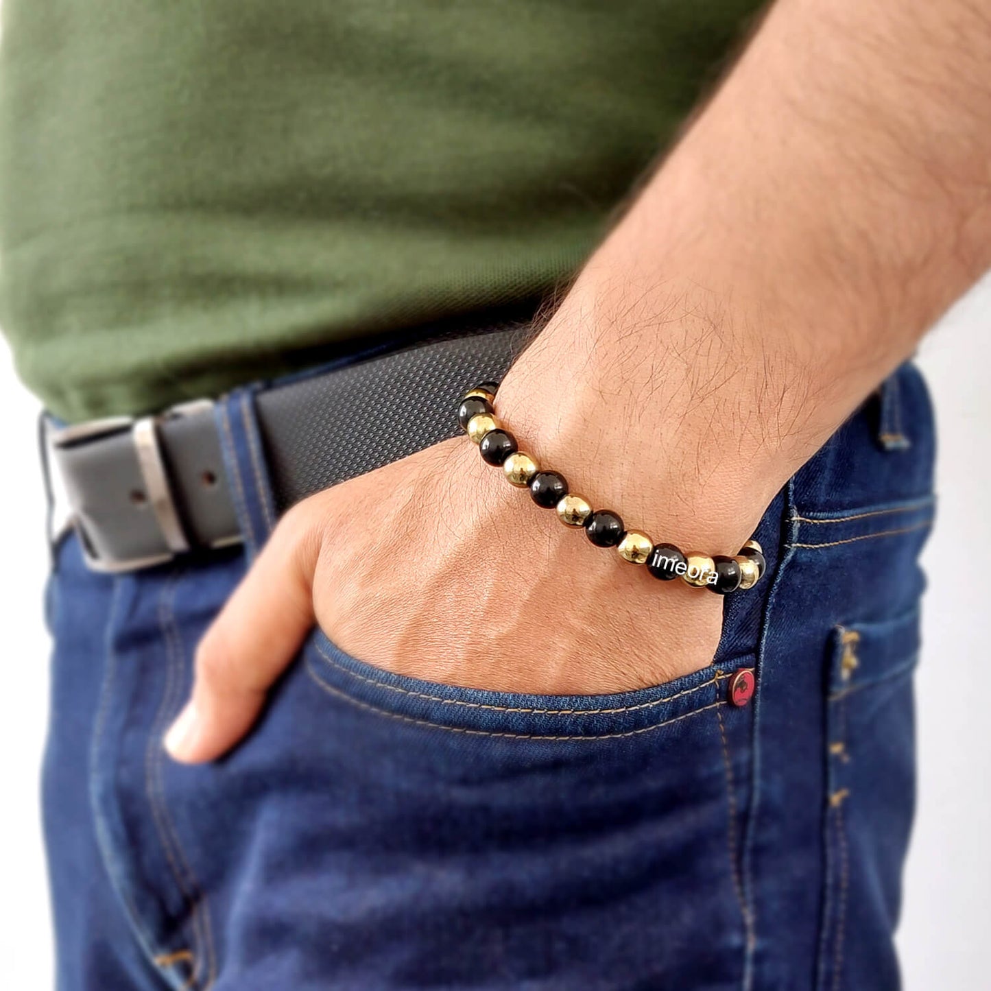 Certified 8mm Golden Pyrite Bracelet With Black Obsidian