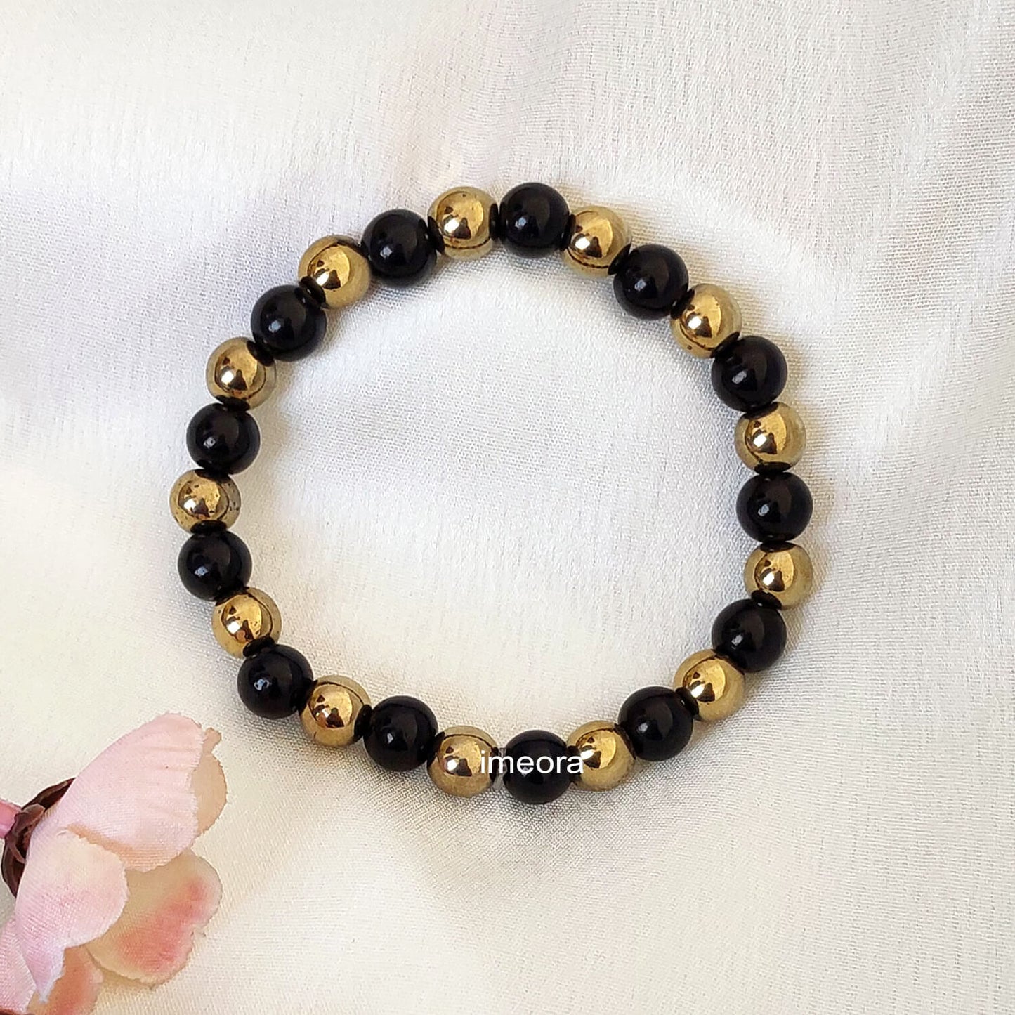 Certified 8mm Golden Pyrite Bracelet With Black Obsidian