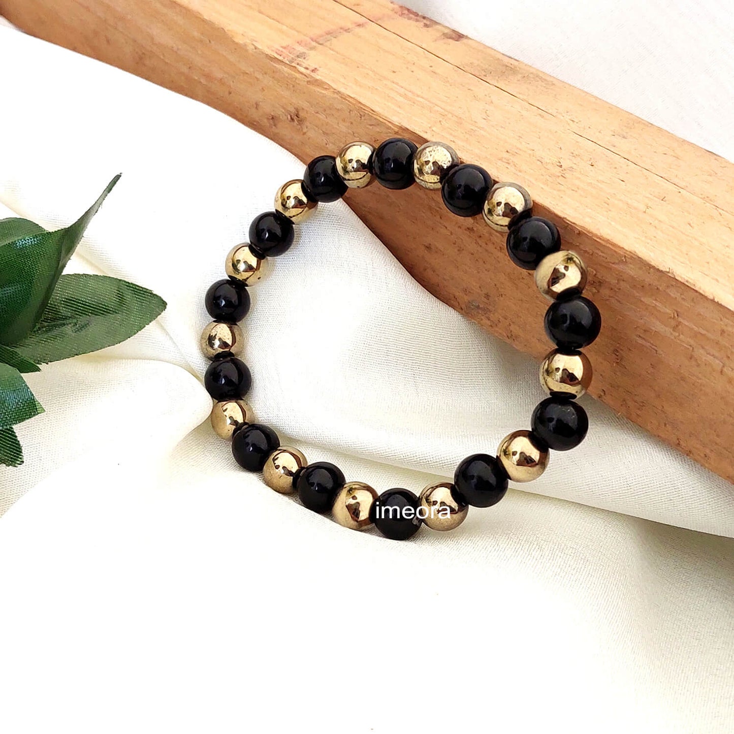 Certified 8mm Golden Pyrite Bracelet With Black Obsidian