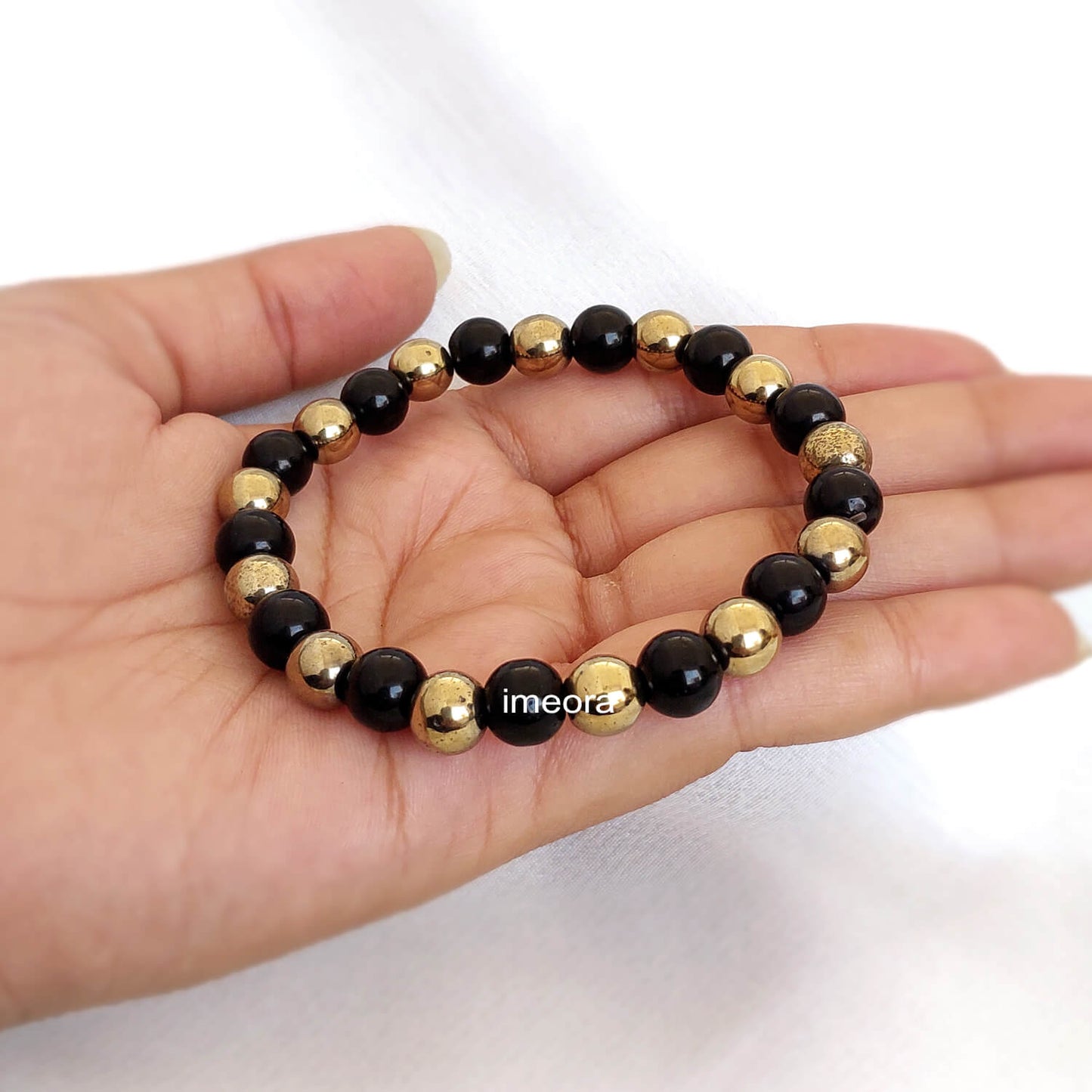 Certified 8mm Golden Pyrite Bracelet With Black Obsidian