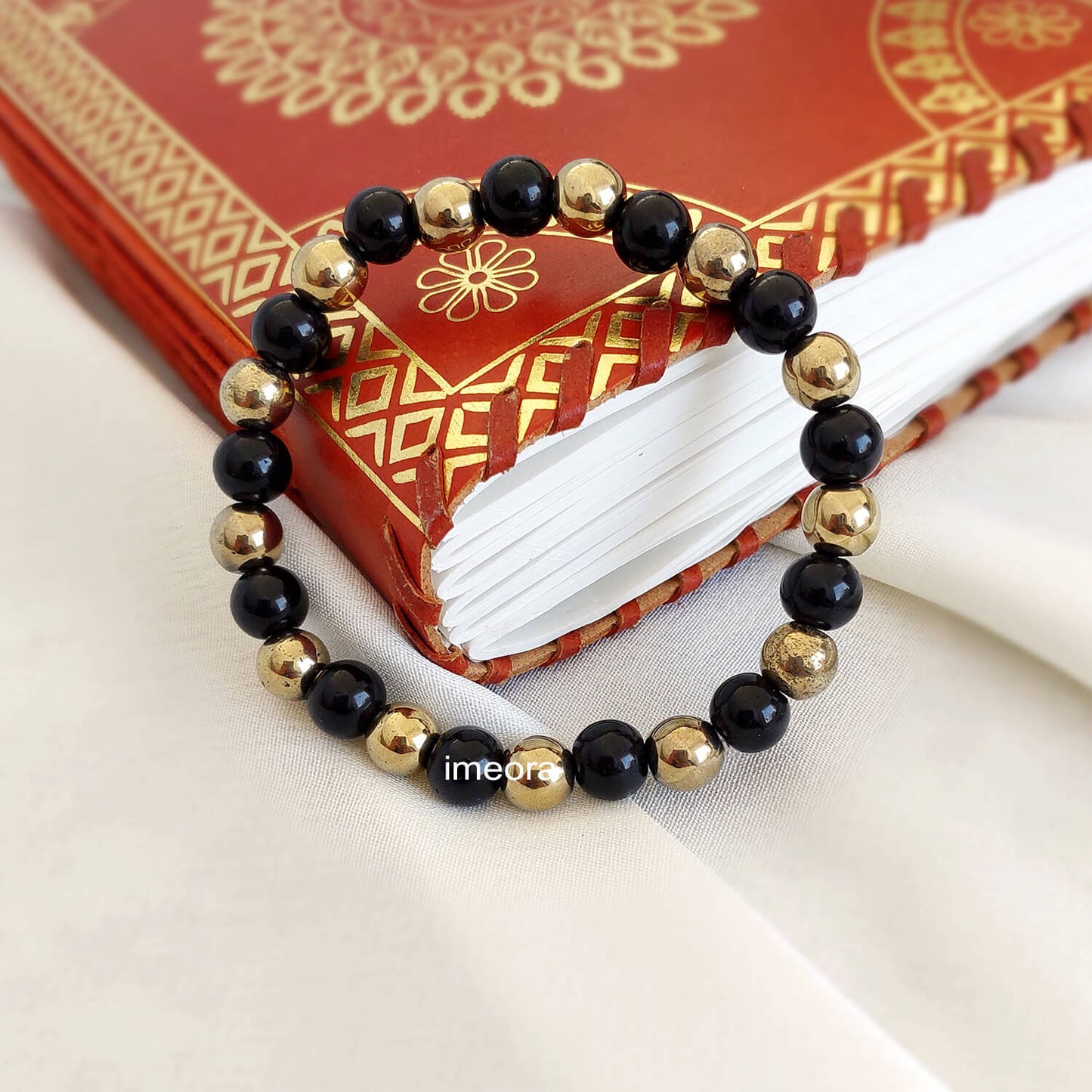 Certified 8mm Golden Pyrite Bracelet With Black Obsidian