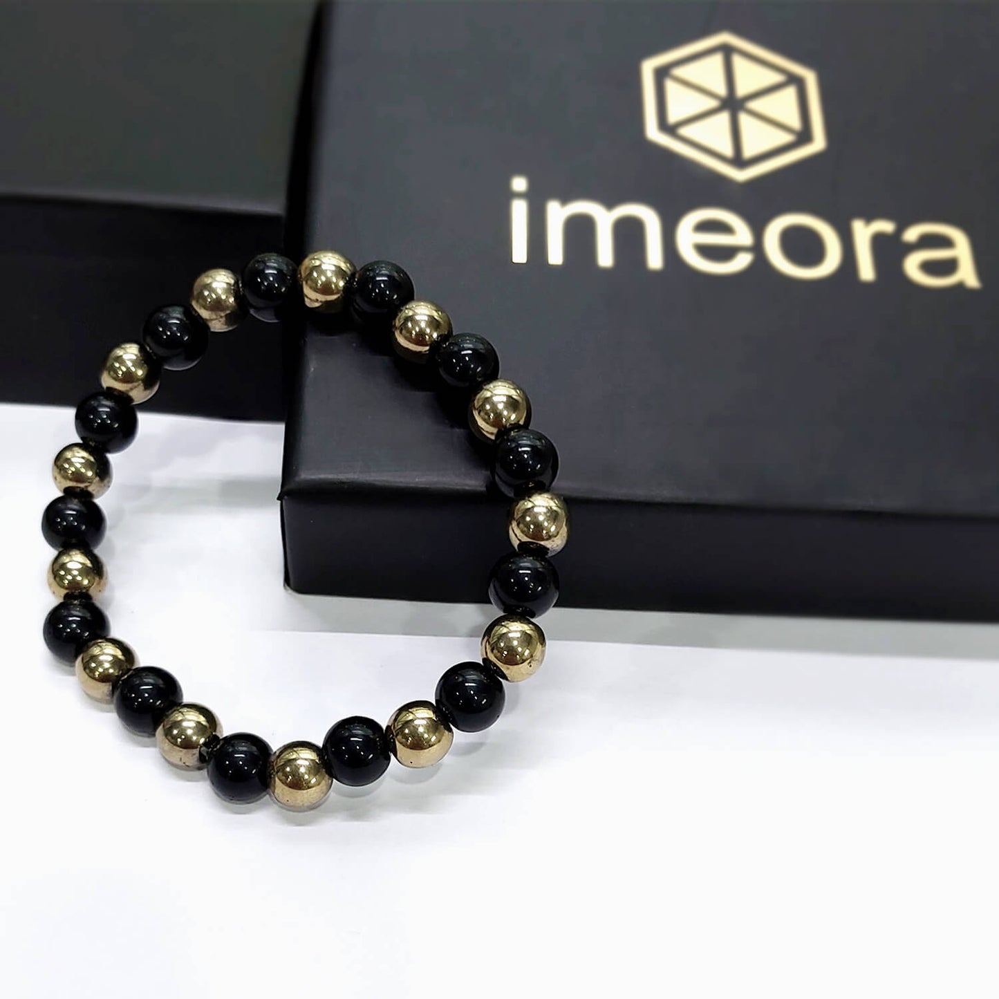 Certified 8mm Golden Pyrite Bracelet With Black Obsidian