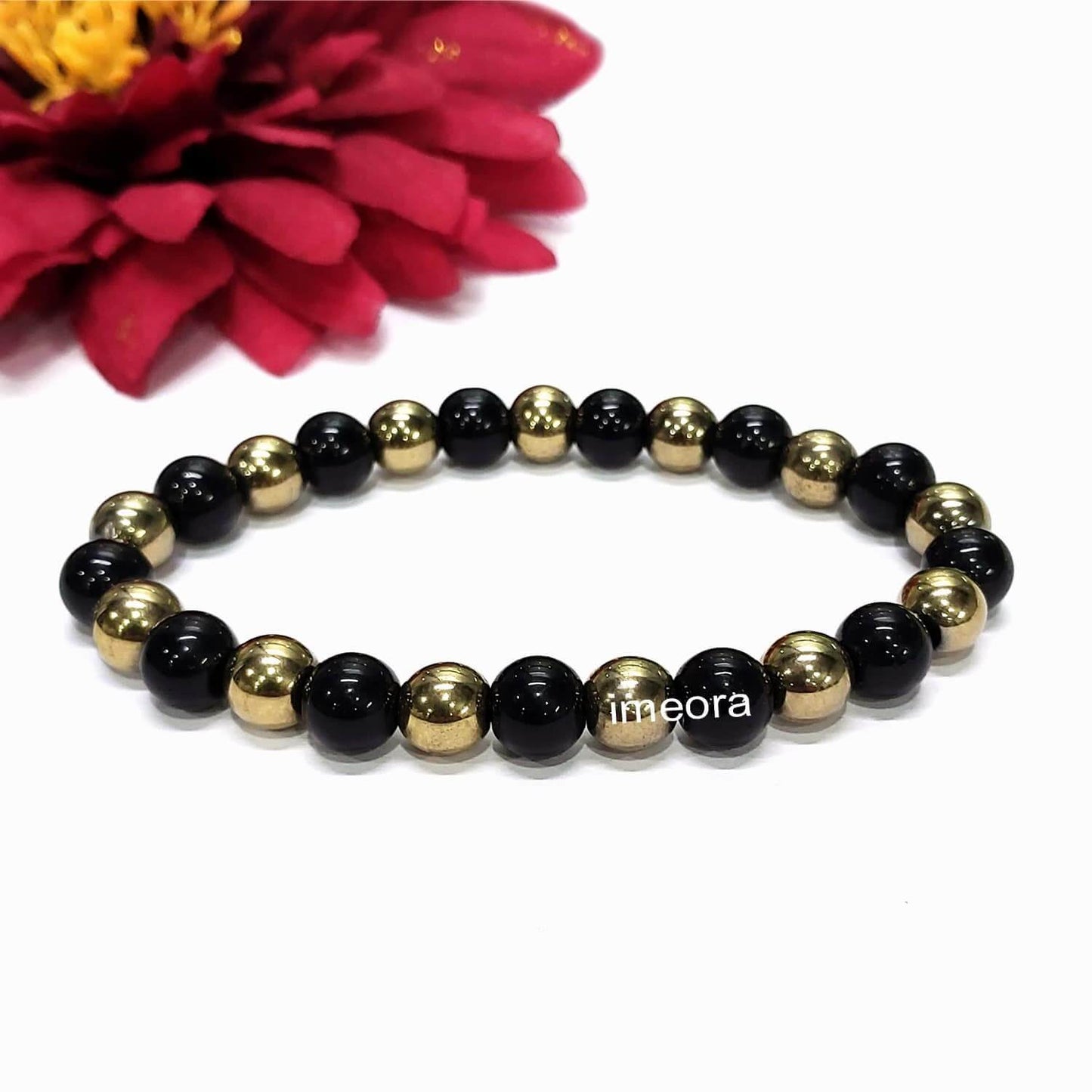 Certified 8mm Golden Pyrite Bracelet With Black Obsidian