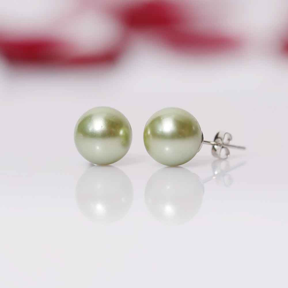 Imeora White Green Two Tone 8mm Double Line Shell Pearl Necklace With 10mm Green Shell Pearl Studs