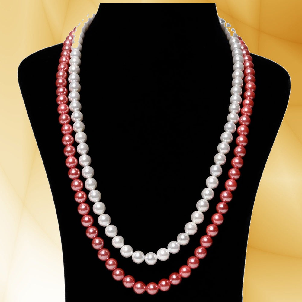 Imeora White Reddish Pink 8mm Double Line Shell Pearl Necklace With 10