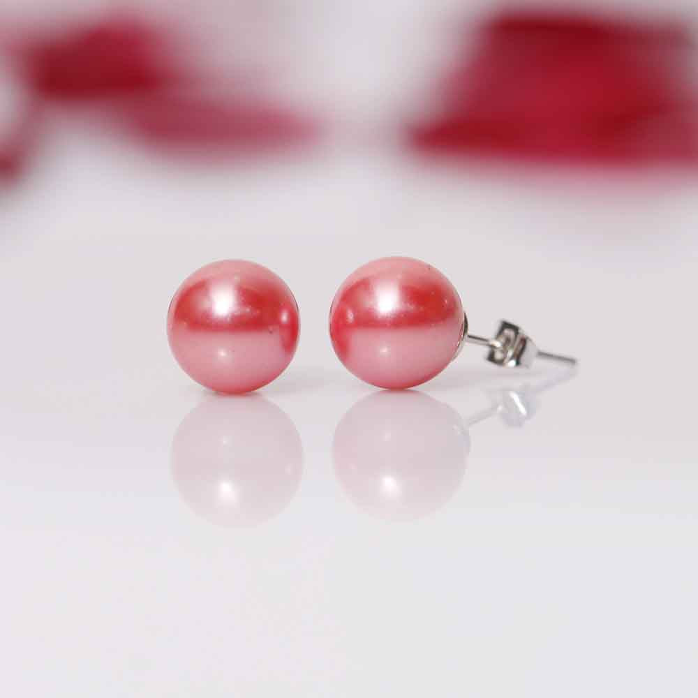 Imeora White Reddish Pink 8mm Double Line Shell Pearl Necklace With 10mm Reddish Shell Pearl Studs